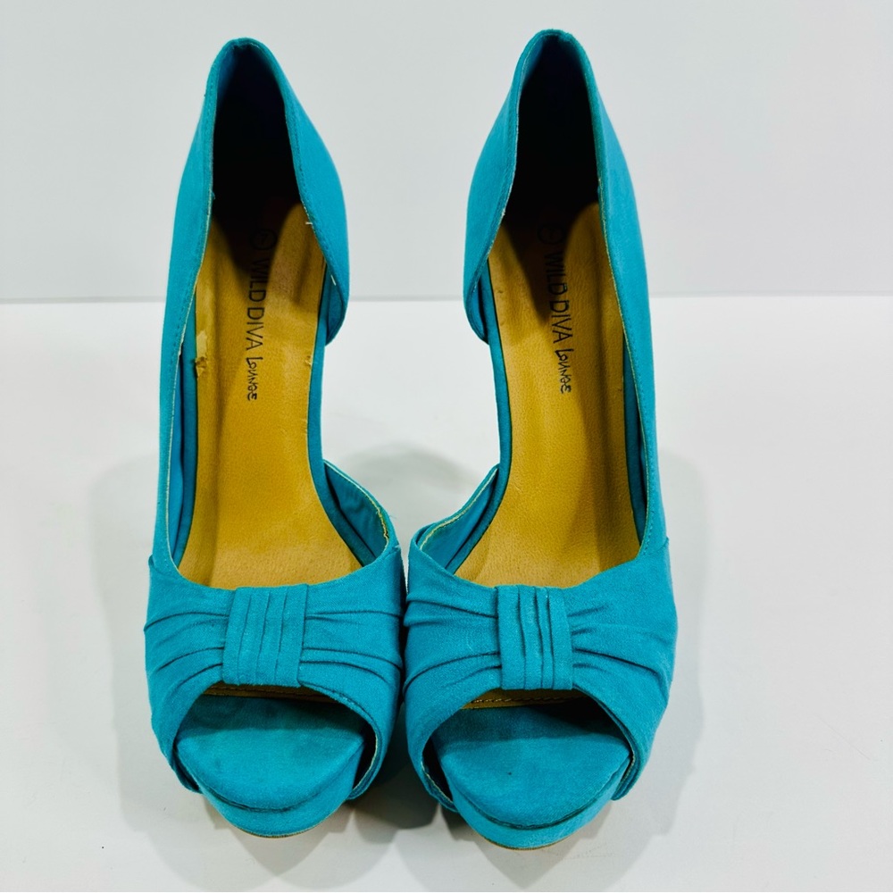 🎀 WILD DIVA LOUNGE TEAL SIZE 7 PLATFORM HEELS 5” MICROFIBER GREAT WORN ONCE - Picture 6 of 7